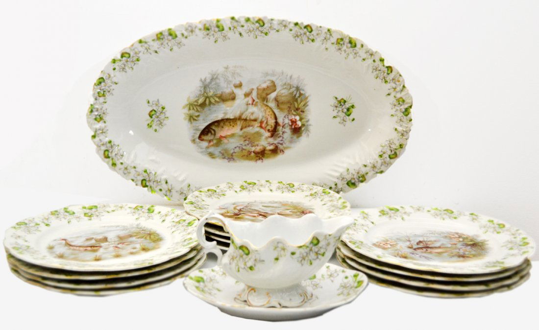 Fish service plates 12-Imperial Cr. China, c1900: Fish service plates, hand enhanced, c 1900 - Twelve fish plates and gravy boat with under plate and large meat platter. Marked Imperial Crown China - Austria & imported by Bawo & Dotter of New York fr