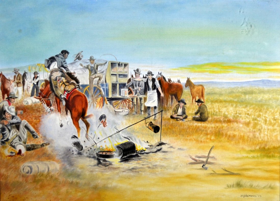 O/CB, 'Western Scene', signed M. Fleming '73: Oil on canvas board painting 'Western Scene', signed M. Fleming '73. Frame behind glass. Showing a hose bucking off his rider with horses and people in the background. Work Size: 18" H. x 24" W. Frame