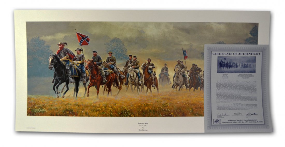 Print 'Stuart's Ride' by Mort Kuntsler, 1995: Print 'Stuart's Ride' by Mort Kuntsler, 1995- A signed print entitled "Stuart's Ride" by Mort Kuntsler with a certificate of authenticity. Print reads, "(c) 1995 BY MORT KUNSTLER 'Stuart's Ride' June