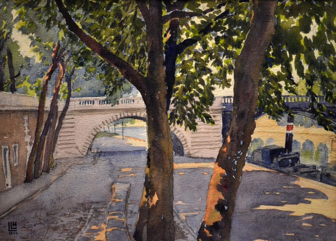 W/C on paper, spy Henri L. Laussucq d 1944: A water color on paper painting, 'Along the Seine' by Henri L. Laussucq dated 1944. This watercolor was executed by Henri (Henry) L. Laussucq (French/American 1882-1975) in occupied Paris where he was
