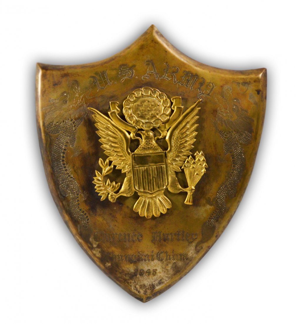 Brass Shield Plaque, US Army, WWII China Service: This US Army WWII China Service Brass Shield Plaque has a brass army crest bolted to it's center flanked by two engraved Chinese dragons. "U.S. ARMY" is engraved in intricate calligraphy across the to