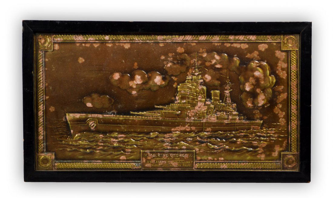Brass Bas-Relief, WWII Battle Ship King George V: Brass Bas-Relief of the WWII Battle Ship King George V, exceedingly detailed with clearly defined portholes and mast cables. The placard at the bottom reads "H.M.S. KING GEORGE V. FEBUARY 21ST 1939 DI