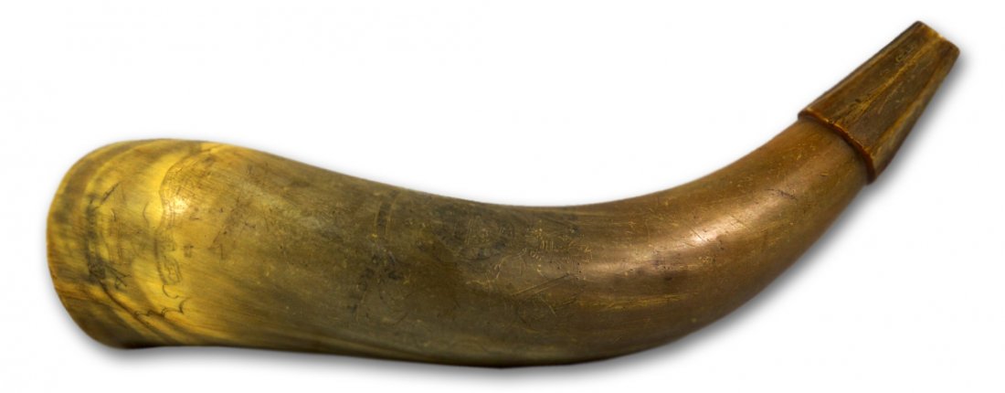 Horn, Engraved, NY, North River, Brig: NY Engraved Horn - Engraved with unicorn & lion holding a crown with circle beneath and the slogan 'Honi Soit Gvi Malp Pens' ; below that is another slogan, in a ribbon, reading 'Diev Et Hon Droit'; n