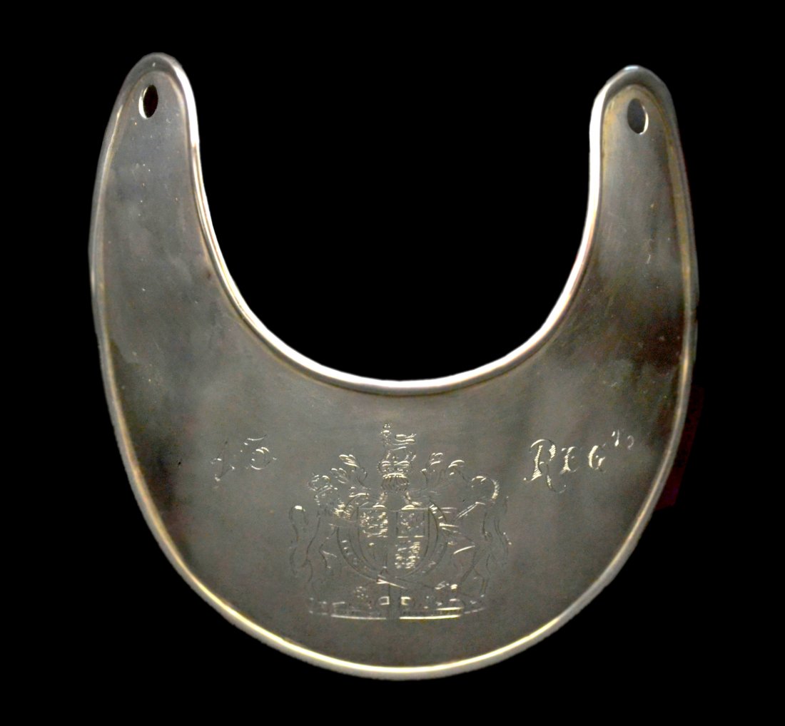 Gorget, Silver 13th Reg., British: A silver British13th Regiment Gorget. Hand-engraved with a British Royal Coat of Arms at center flanked by, "13" and Regt." See history below. Size: 4.5" H. x 4.5" W. Weight: 2oz *********************