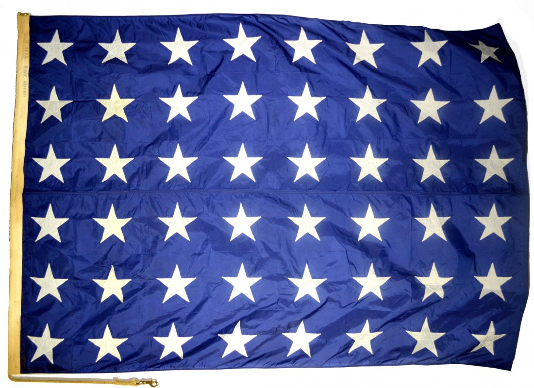 Flag, 48-star Union Jack, 55" x 80", c. 1945: Flag, 48-star Union Naval Jack flag manufactured by Abacrome, Inc., 400 West 45th St., New York City. Made of Nylon and probably WWII. Abacrome a flag maker in NYC until sometime shortly after the War