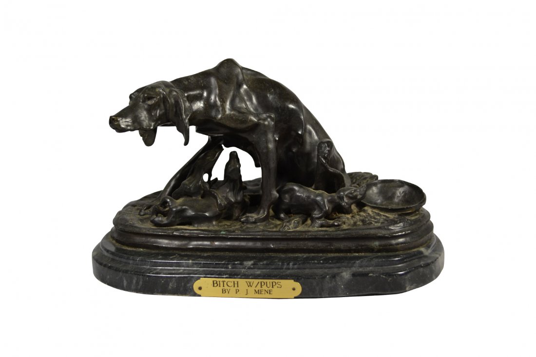 Bronze, "Bitch With Pups", P.J. Mene: Bronze, "Bitch With Pups", P.J. Mene Title & Description: Brass plaque reads "Bitch W/ Pups By P.J. Mene". Depicts a female dog with its three offspring underneath her. Artist: Pierre Jules (P.J.) Men