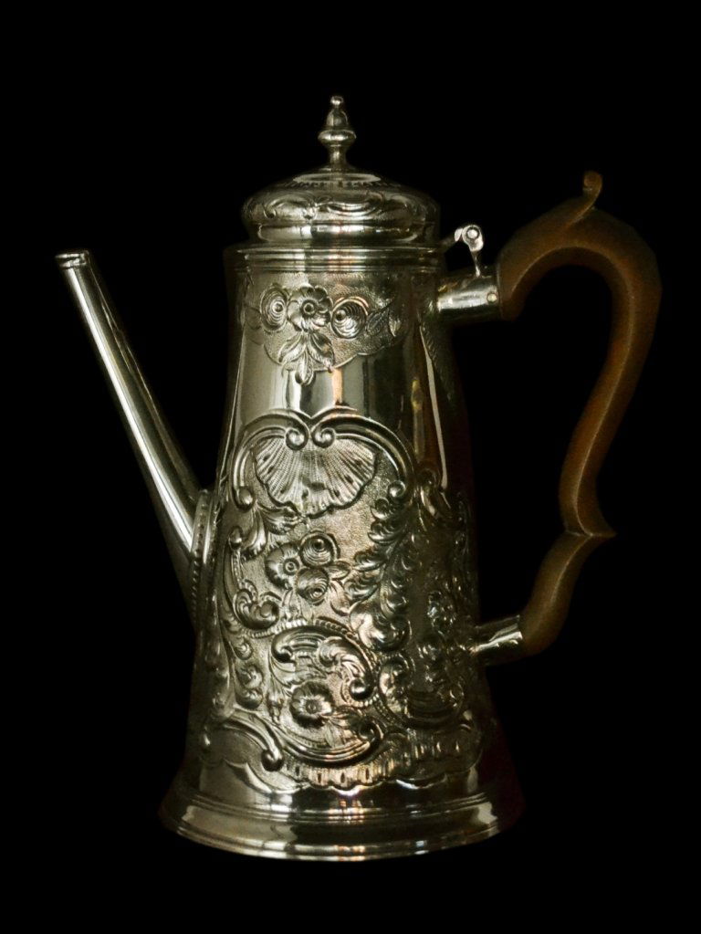 Coffee Pot, Silver, London, Cooke & Gurney, 1728: Coffee Pot, Silver, London, Cooke & Gurney, 1728 Form: Coffee pot Makers Mark: R G over C Country of Origin: Great Britain Other Marks Lion passant, duty mark, year letter Decoration: Maker's mark of