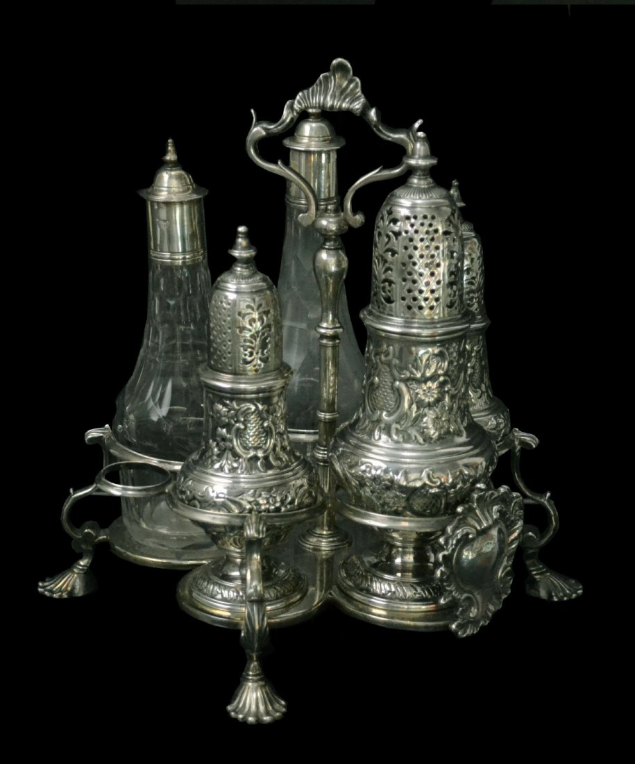 Cruet Set, Silver, Samuel Wood & John Delmester: Cruet Set, Silver, Samuel Wood & John Delmester Form: Cruet Set. Makers Mark: 'SW' Samuel Wood, 'I.D' John Delmester. Country of Origin: Great Britain. Other Marks Lion passant, date mark and town mar