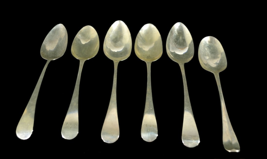 6 Spoons, Silver, 18th & 19th century, 11.4 oz.: 6 Spoons, Silver, 18th & 19th century Form: Dinner Spoons Makers Mark: WB , SG over EW TH Country of Origin: England , London Other Marks Lion passant , duty marks , date years Decoration: Assembled l