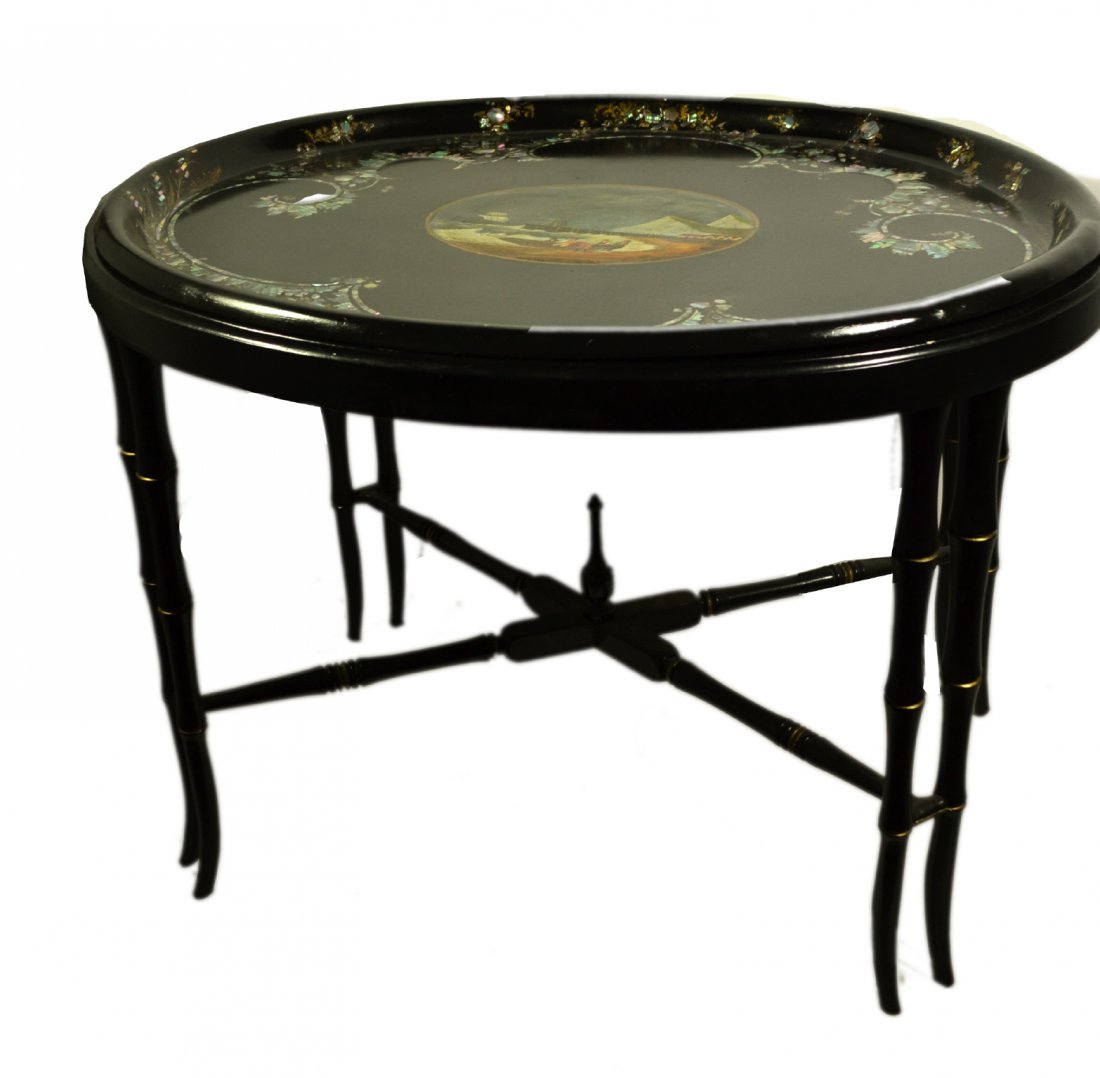 Tray on Stand, Papier Mache, English, C. 1840: Tray on Stand, Papier Mache, English, C. 1840 Tray on stand. Features: Hand painted scene in the center depicting five fishermen dragging in their boat. A ship on the ocean, people on a pier, mountain