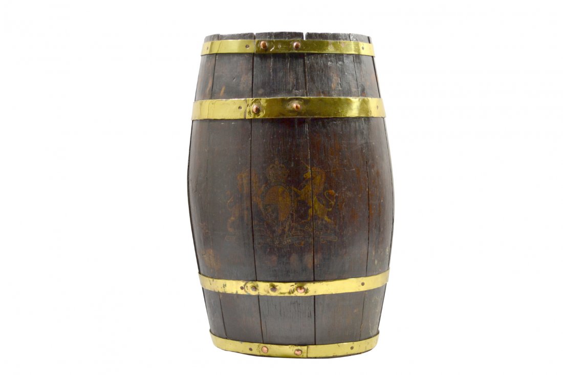 Barrel, oak staves, brass bands, mid 19th c: Barrel, oak staves, brass bands, mid 19th c Barrel Wood: Oak Joinery: Staved & Ringed Features: Brass Rings, lap jointed and riveted in copper. Date: c. 1820 Provenance: The Estate of Arthur J. Connol