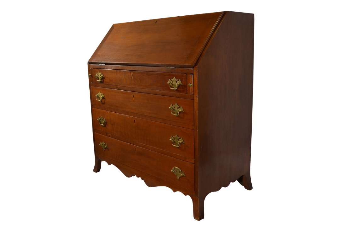 Desk, Slant front, Sheraton,Cherry, c. 1820: Desk, Slant front, Sheraton,Cherry, c. 1820 Desk, slant front Wood: Cherry Secondary Wood: Poplar Joinery: Dovetailed drawers and case Features: String band inlaid drawers and door fronts; shaped apro
