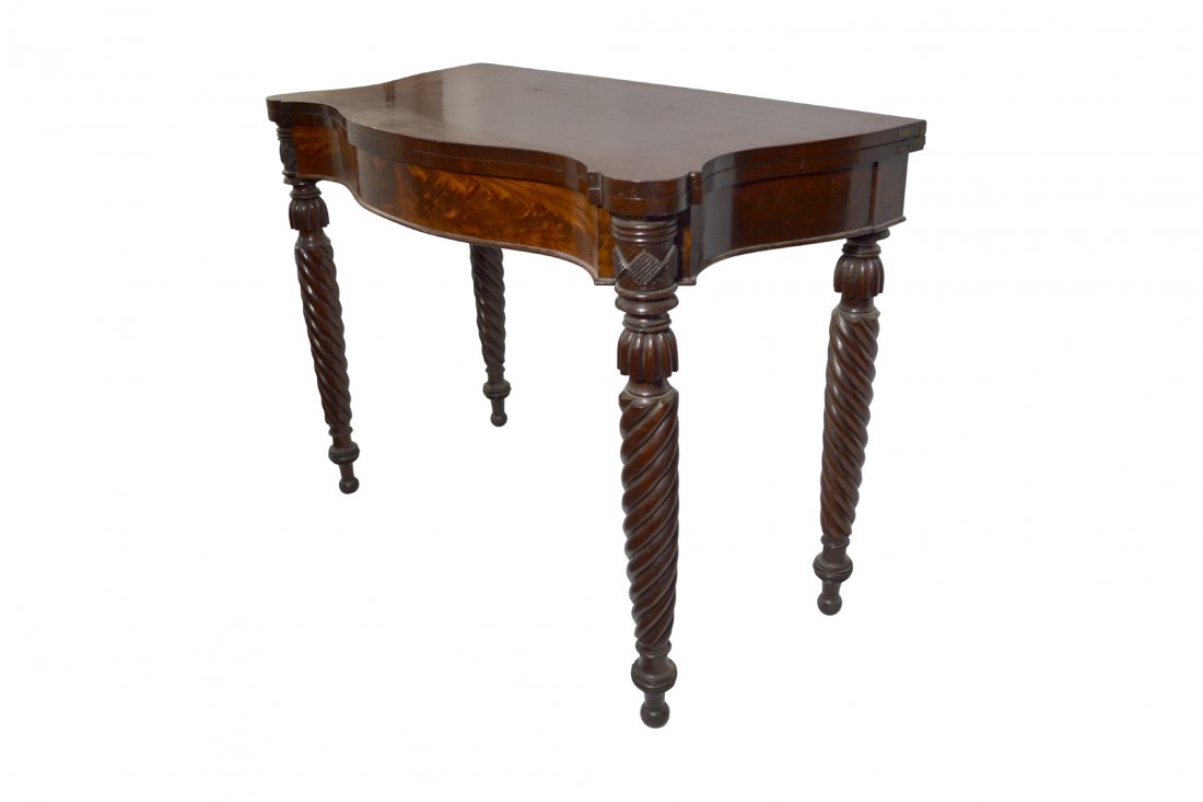 Game Table, Folding Top, Crotch Mahogany, 19th C: Game Table, Folding Top, Crotch Mahogany, 19th C Game Table, Folding Top Wood: Mahogany & Mahogany Veneer Secondary Wood: Pine Joinery: Dovetailed & Peg Joinery Features: Select mahogany two-board sha