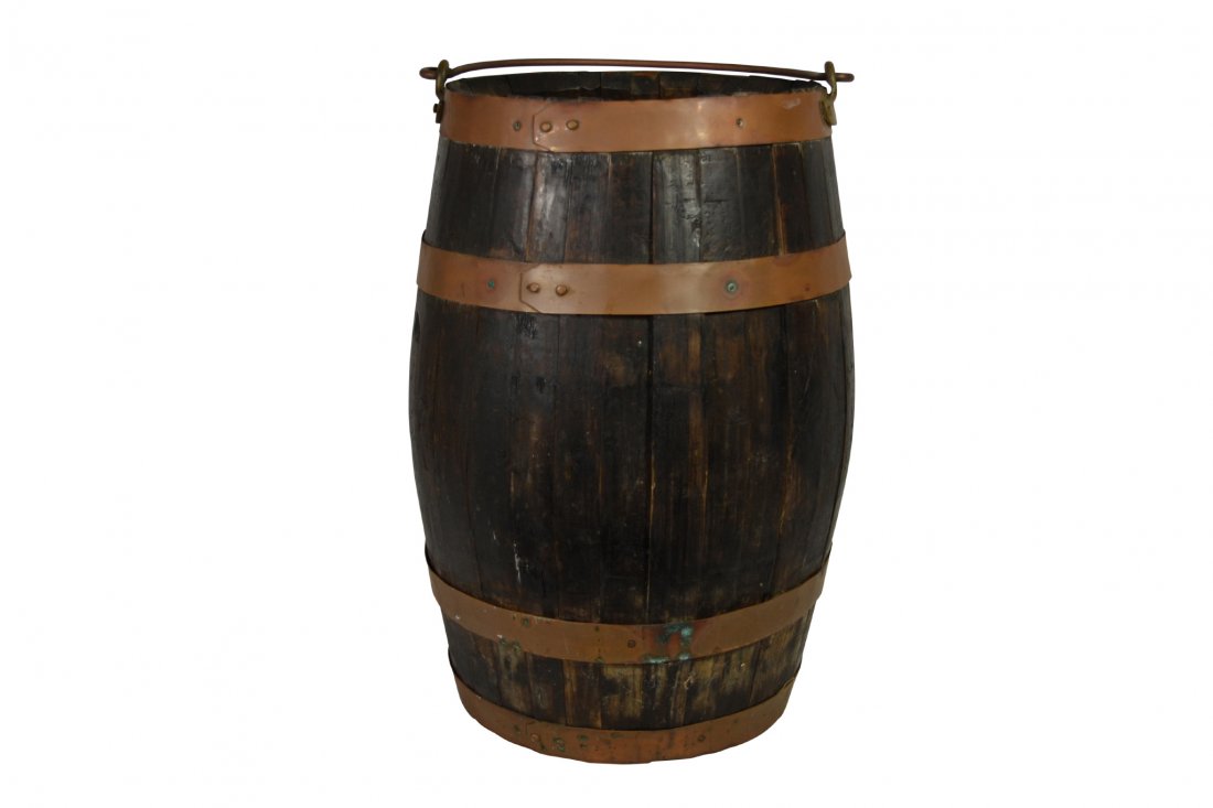 Barrel, oak w/brass handles, c. 1800: Barrel, oak w/brass handles, c. 1800 Barrel With Handle Wood: Oak Joinery: Staved & ringed Features: Original riveted brass bolsters, handle & ring; Painted, Stenciled label on bottom which reads: 'Ca