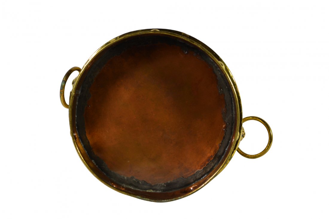 Brass Bucket, Dutch Decoration, 19th C: Brass Bucket, Dutch Decoration, 19th C Bucket. Material: Brass and copper. Construction: Riveted sheet brass. Features: Embossed Dutch scene with windmills and people, lion portrait with ring handles 