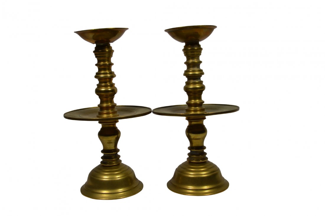 Pr. Candlesticks, Dutch style Chinese19th Century: Pr. Candlesticks, Dutch style Chinese19th Century Pair, Dutch candlesticks Material: Brass Construction: Cast, lathe spun Features: 3 pieces. Each candlestick tray is marked with a fish and Chinese wr