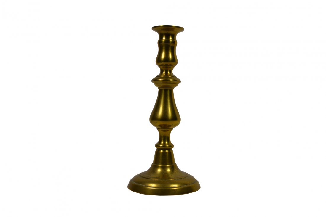 Candlestick, Brass, 19th Century: Candlestick, Brass, 19th Century Candlestick Material: Brass Construction: Cast, lathe spun Features: Push up underneath base. Period: 19th century Size: 9" H x 4" Diameter Weight: 1lb Condition: Very