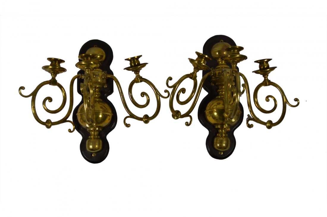 Wall Sconces, Brass, Candelabra, 19th Century: Wall Sconces, Brass, Candelabra, 19th Century Wall Sconces Material: Brass mounted on pine backboards Construction: Cast and screwed into backboards Features: Three arms on each that screw into sconce