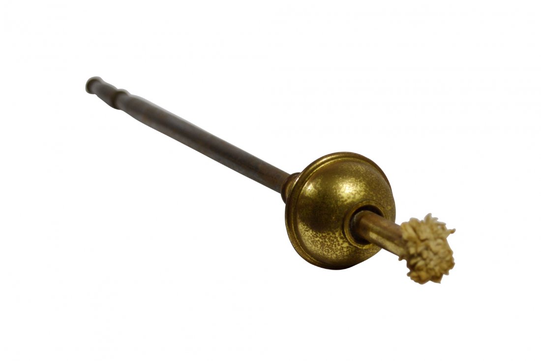 Torch, Brass, 19th century: Torch, Brass, 19th century Torch Material: Brass and Wood Construction: Cast with ebonized turned wood handle Period: 19th century Size: 2.75" H x 33.75" L x 2.5" D Weight: 8oz Condition: Good. Brass 