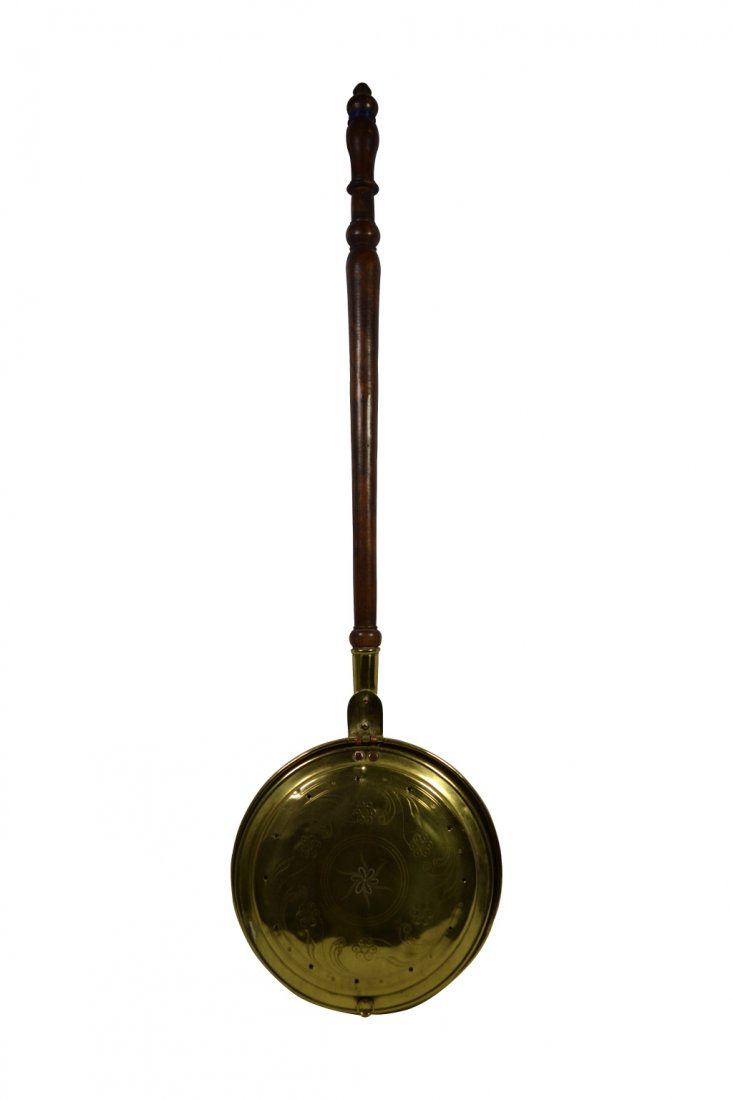 Bed warmer, spun brass bowl, C.1800: Bed warmer, spun brass bowl, C.1800 Bed warmer Material: Maple, brass, copper Construction: Wood turned handle riveted to pan Features: Bed warmer with long turned maple wood handle hinged at bottom w