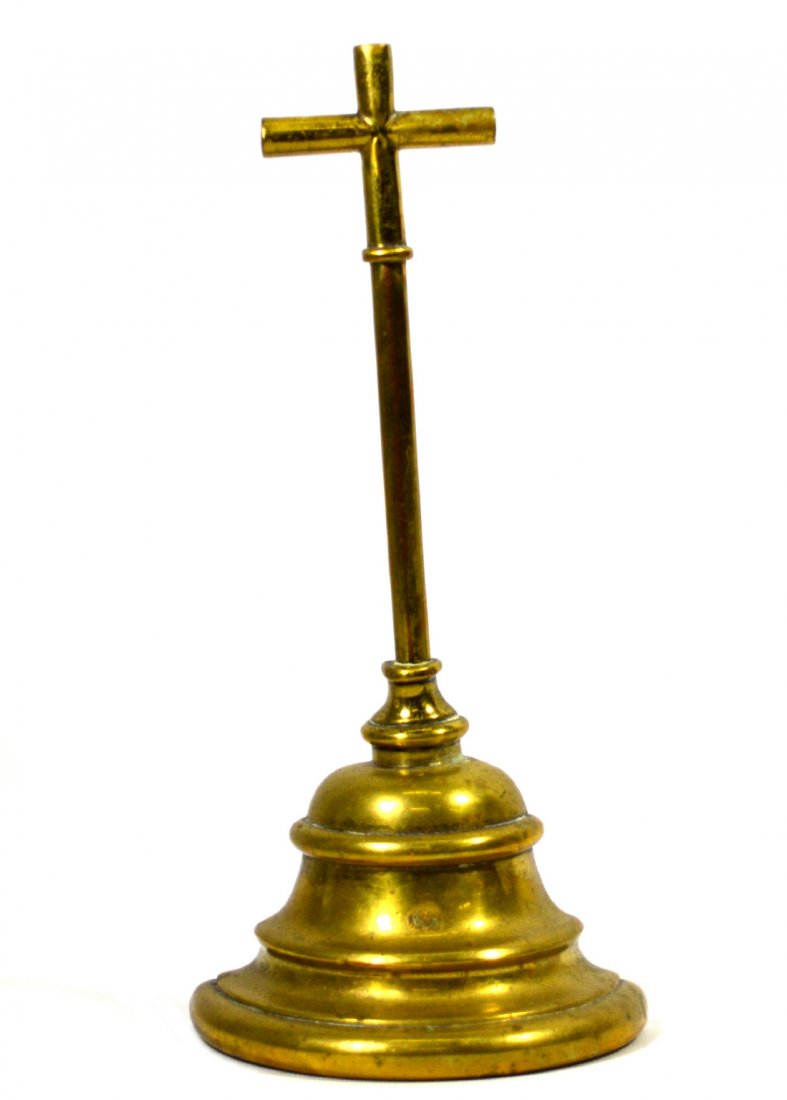 Doorstop or altar crucifix, Brass, 19th Century: Doorstop or altar crucifix, Brass, 19th Century Doorstop or altar crucifx Material: Brass & Cast Iron Construction: Cast & cast iron weight screwed on base Features: Brass with cast iron base. Period: