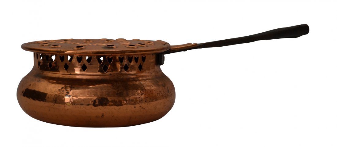 Corn Popper, Copper, C. 1800: Corn Popper, Copper, C. 1800 Popcorn Popper Material: Copper & wrought iron. Construction: Hand hammered and riveted to handle. Features: Has multiple ventilation holes on lid and around lid. Wrought 
