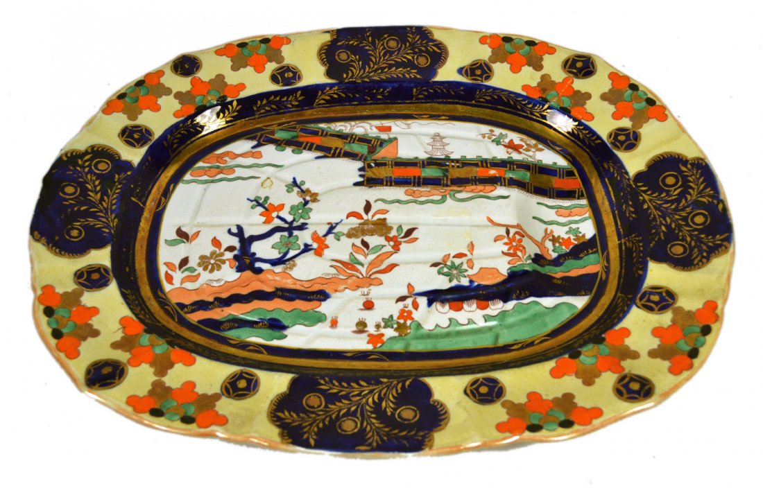 Meat Platter, Mason Ironstone, Circa 1840: Meat Platter, Mason Ironstone, Circa 1840 Form: Meat Platter Components: Hard Paste Decoration: Hand painted. Decorated with Japanese pattern. Incised with well and tree pattern. Colors: Gold, Blue, O