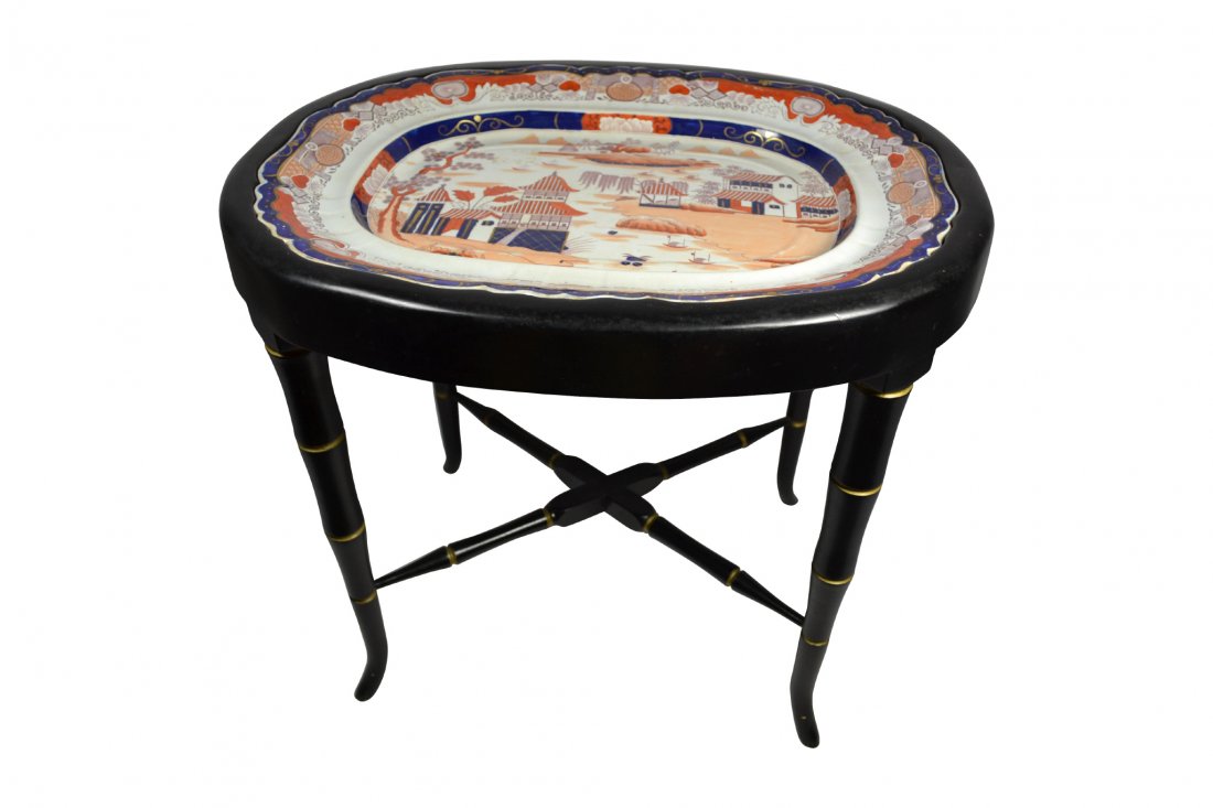 Platter, Custom Stand, Mason's Ironstone, Dublin: Platter, Custom Stand, Mason's Ironstone, Dublin Form: Platter on custom stand. Components: Hard paste. Decoration: This platter is decorated in the Imari pallete with a Chinese scene depicting pagoda