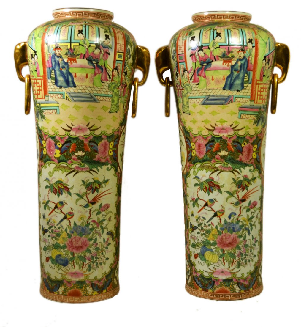 (2) Umbrella Stands, Rose Medallion Porcelain: (2) Umbrella Stands, Rose Medallion Porcelain Form: Umbrella stands Components: Hard paste Decoration: Hand painted and enameled Chinese export. Some decoration transfer printed then hand painted over