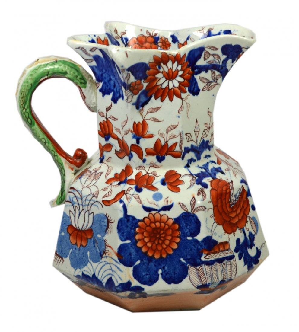 Pitcher, Mason's Ironstone, English, c. 1820: Pitcher, Mason's Ironstone, English, c. 1820 Form: Pitcher. Components: Hard paste. Decoration: Hand painted decoration in the 'Japan' pattern with blue under glaze depicting flowers and foliates. Han