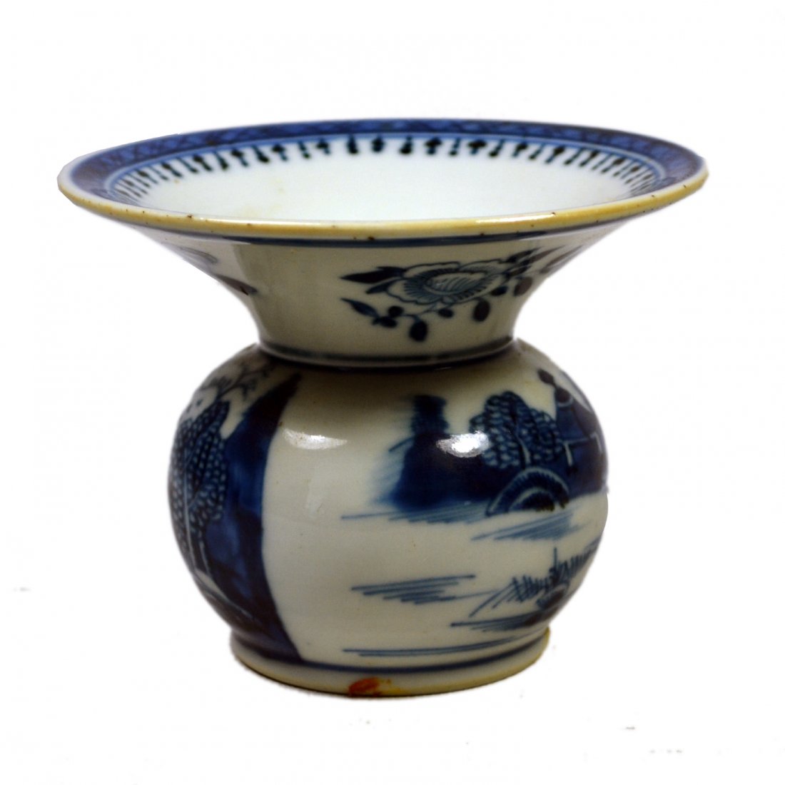 Spittoon, Chinese Export, Canton, c. 1840: Spittoon, Chinese Export, Canton, c. 1840 Form: Spittoon. Components: Hard paste. Decoration: Hand painted willow pattern depicting pagodas, trees, water, a boat, flowers and foliates. Colors: Blue. M