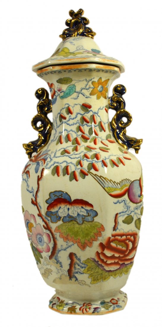 Vase, Covered, Mason Ironstone, c. 1830: Vase, Covered, Mason Ironstone, c. 1830 Form: Covered garniture vase Components: Hard paste Decoration: Flying Bird Pattern, the faceted vase is decorated in the Imari style with phoenix birds, chrysa