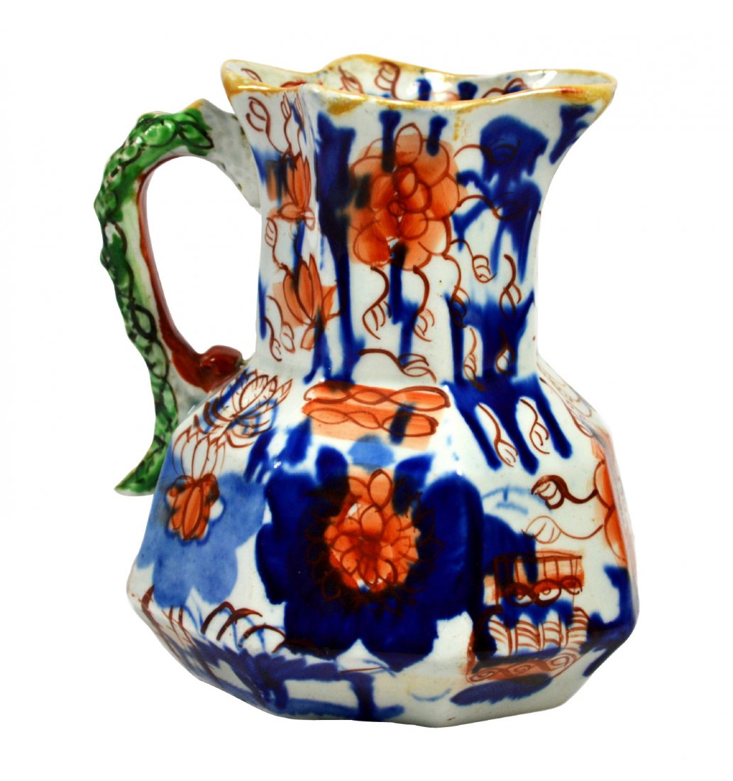 Pitcher, Hydra Jug, Mason Ironstone, c. 1820: Pitcher, Hydra Jug, Mason Ironstone, c. 1820 Form: Pitcher Components: Hard paste Decoration: Japan pattern hand painted in the Imari palette. Handle in the shape of a serpent. Colors: Blue, red, oran