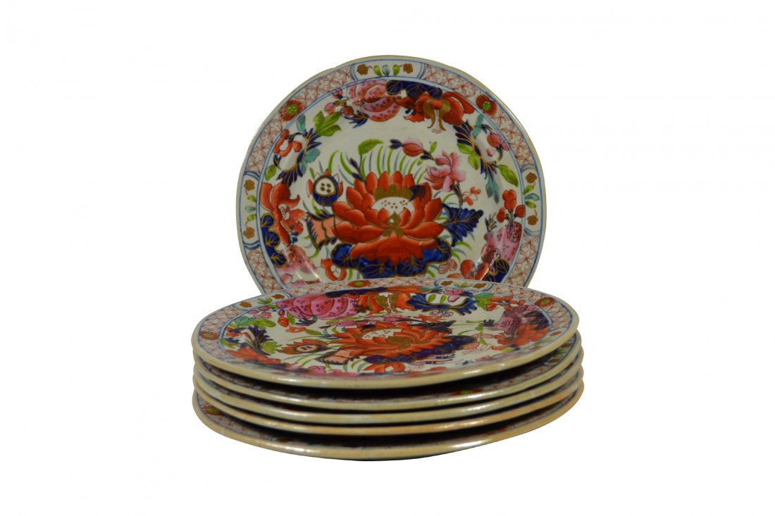 Plates, Set of 6, Mason's Patent Ironstone, 1815: Plates, Set of 6, Mason's Patent Ironstone, 1815 Form: Set of 6 plates Components: Hard paste Decoration: Hand painted in the Imari palette with the lotus central to the other flowers and foliage. Gol