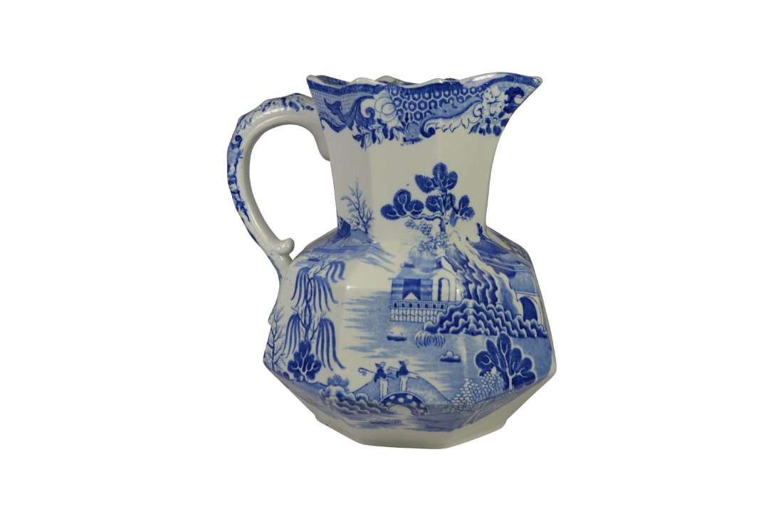 Pitcher, Mason's Ironstone, Blue Willow, c 1840: Pitcher, Mason's Ironstone, Blue Willow, c 1840 Form: Pitcher Components: Hard paste Decoration: Blue willow pattern Colors: Blue and white Markings: 'Mason's Patent Ironstone China' Date: Circa 1840 