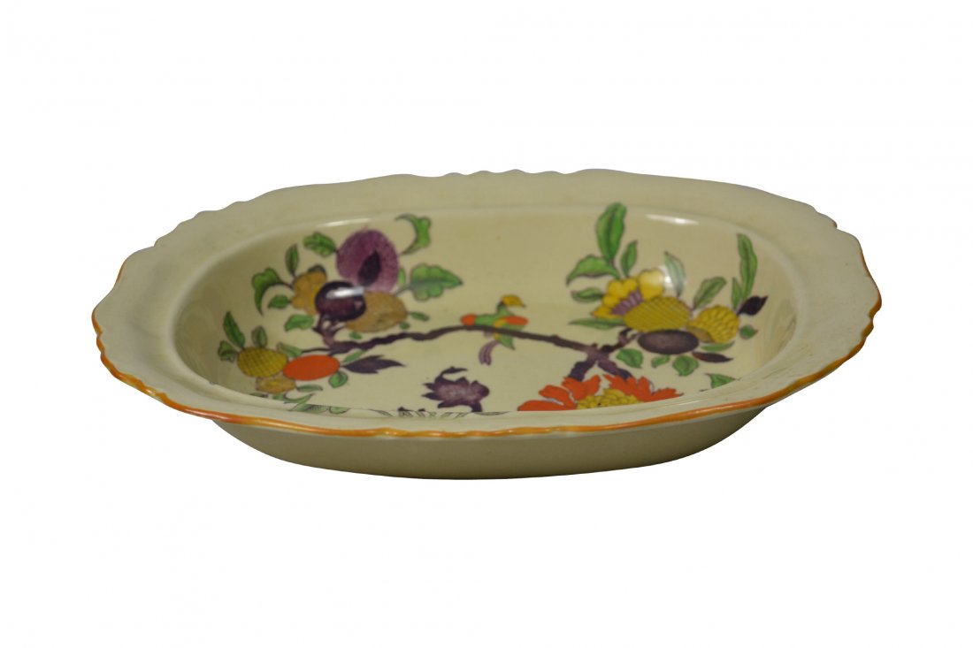Bowl, Mason's Ironstone, Flowers, c 1890: Bowl, Mason's Ironstone, Flowers, c 1890 Form: Bowl Components: Hard paste Decoration: Transfer print and hand painted with flowers and fruit. '347 R' and 'C 2879' marked on bottom. Colors: Orange, ye