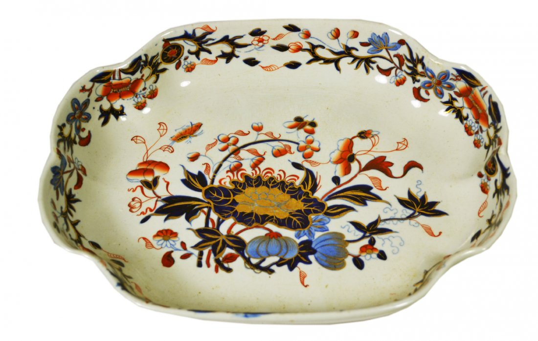 Dish, Sweetmeat, Spode, Imari Style, c 1820: Dish, Sweetmeat, Spode, Imari Style, c 1820 Form: Sweetmeat dish Components: Soft paste Decoration: Transfer printed then hand painted and gilded with flowers, foliates and a butterfly. Colors: Gold, 