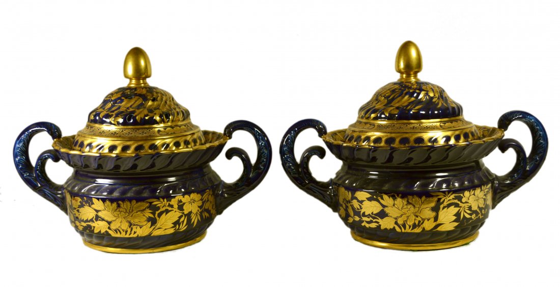 Pair, Large Pots, Mazarine, Mason's Ironstone: Pair, Large Pots, Mazarine, Mason's Ironstone Form: Pair, large pots. Components: Hard paste Decoration: Two large Mason's Ironstone mazarine blue pots, one lid has a pierced potpourri cover. They are