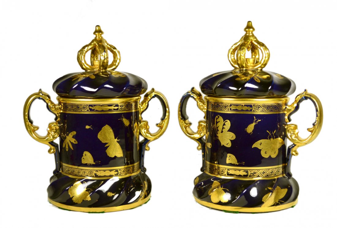 Pair, Large Jars, Mazarine, 'Gilded Butterfly': Pair, Large Jars, Mazarine, 'Gilded Butterfly' Form: Pair of large jars. Components: Hard paste Decoration: These large museum quality mason ironstone jars are covered with lids which have ornately mo