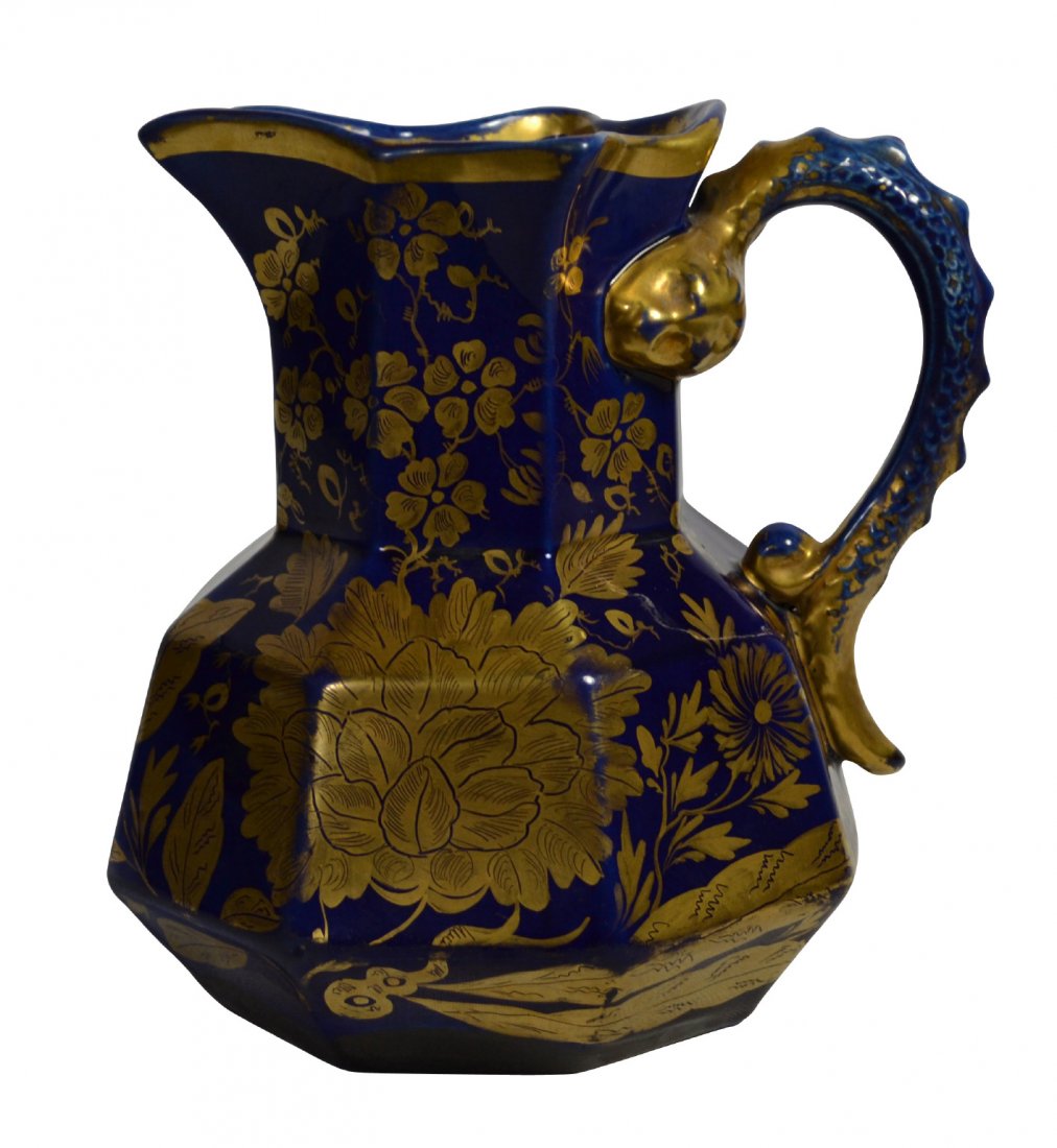 Hydra Jug, Masons Ironstone, Mazarine, C. 1820: Hydra Jug, Masons Ironstone, Mazarine, C. 1820 Form: Hydra jug. Components: Hard paste. Decoration: Handle in the form of a serpent. Gilded with flowers, foliates and butterflies. Colors: Blue and gol