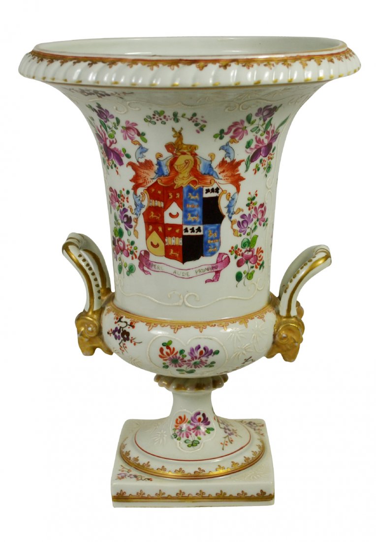 Wine Cooler, Samson, Armorial, C. 1875: Wine Cooler, Samson, Armorial, C. 1875 Form: Wine cooler. Components: Hard paste. Decoration: Hand painted and enameled. Depicts an armorial shield and below it reads "Sapere Aude Principe". There are