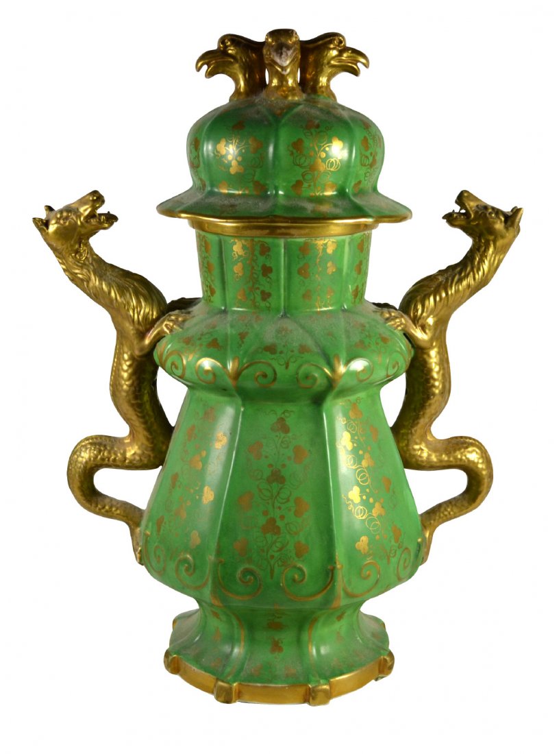 Temple Urn, Covered, Mason Ironstone, c. 1820: Temple Urn, Covered, Mason Ironstone, c. 1820 Form: Temple urn. Components: Hard paste. Decoration: The handles are painted gold and in the form of a dragon with dogs heads. Four gold eagle heads are 