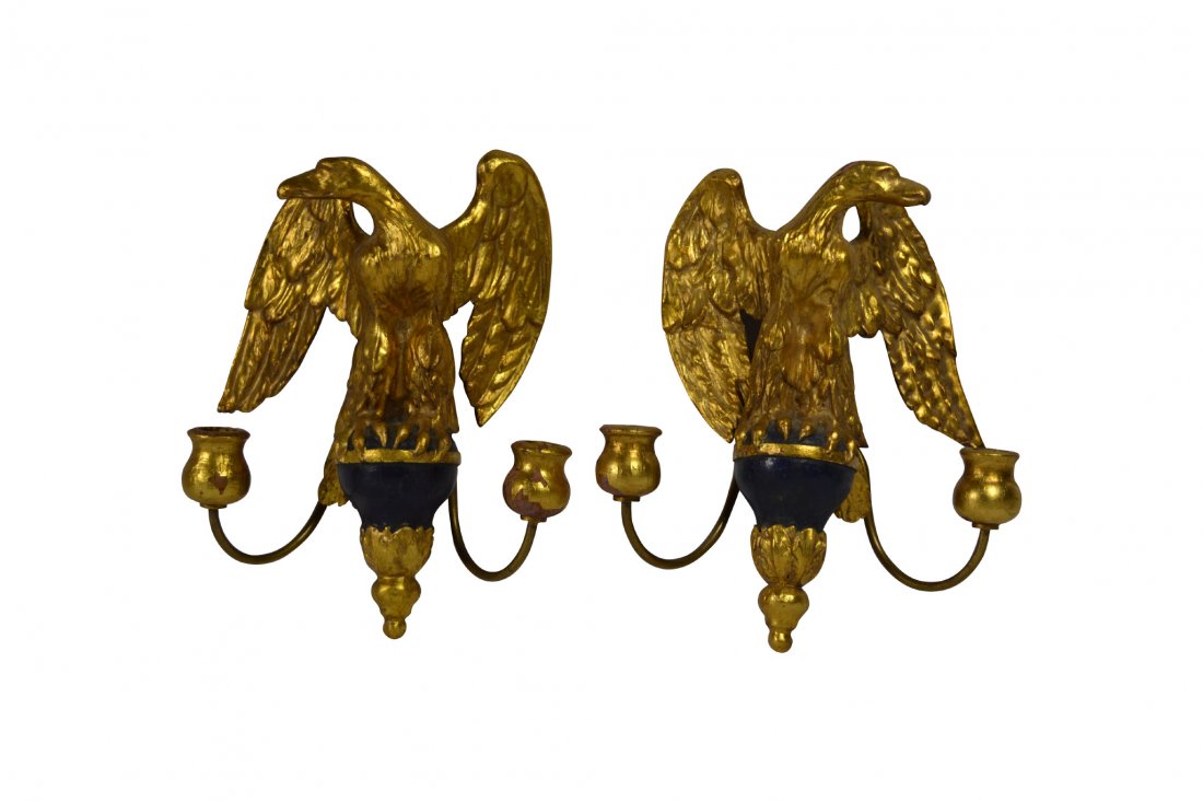 Pair, Wall Sconces, Carved Spread Winged Eagles: Pair, Wall Sconces, Carved Spread Winged Eagles Pair of wall sconces. Material: Wood and brass. Construction: Carved. Marks: None. Colors: Gold, blue and brown. Features: The gilded spread winged eagl
