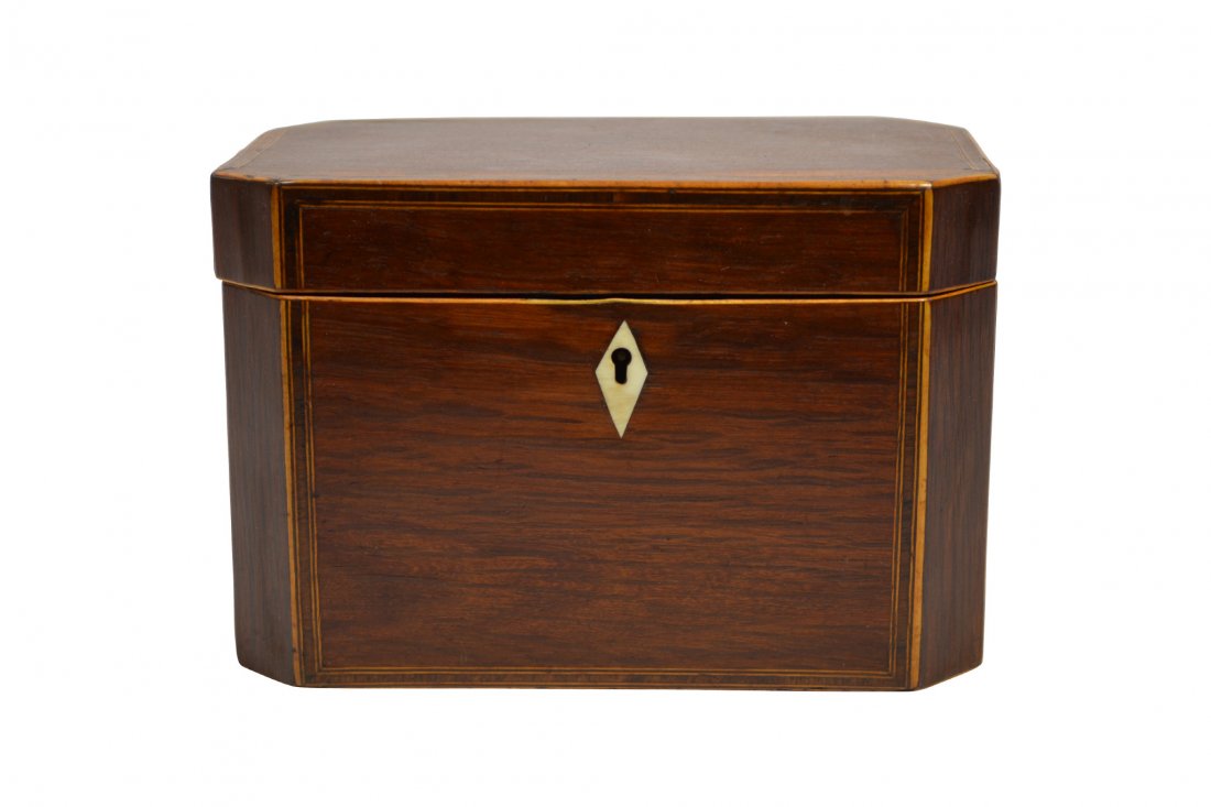 Tea Caddy, English, Circa 1780: Tea Caddy, English, Circa 1780 Form: English tea caddy Wood: Palm wood veneer Secondary Wood: Pine wood Joinery: Mitered butt joints Features: Canted corners. Inlaid ivory escutcheon. Ivory handles to