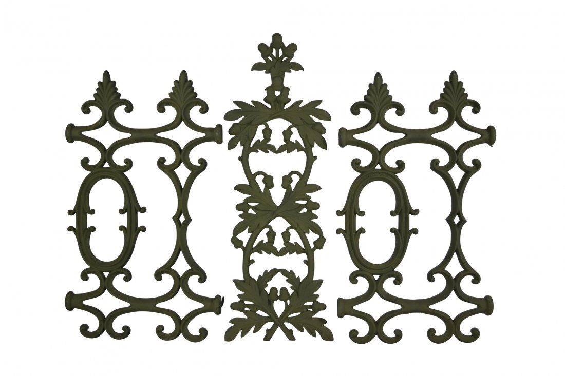 3 Pieces, French Window Gates, Cast Iron, 1889: 3 Pieces, French Window Gates, Cast Iron, 1889 Window gates. Material: Cast iron. Marks: "Pat Nov. 24 89" Colors: Green. Features: One has acorn & leaf patterns and the other two are stylized fleur-de