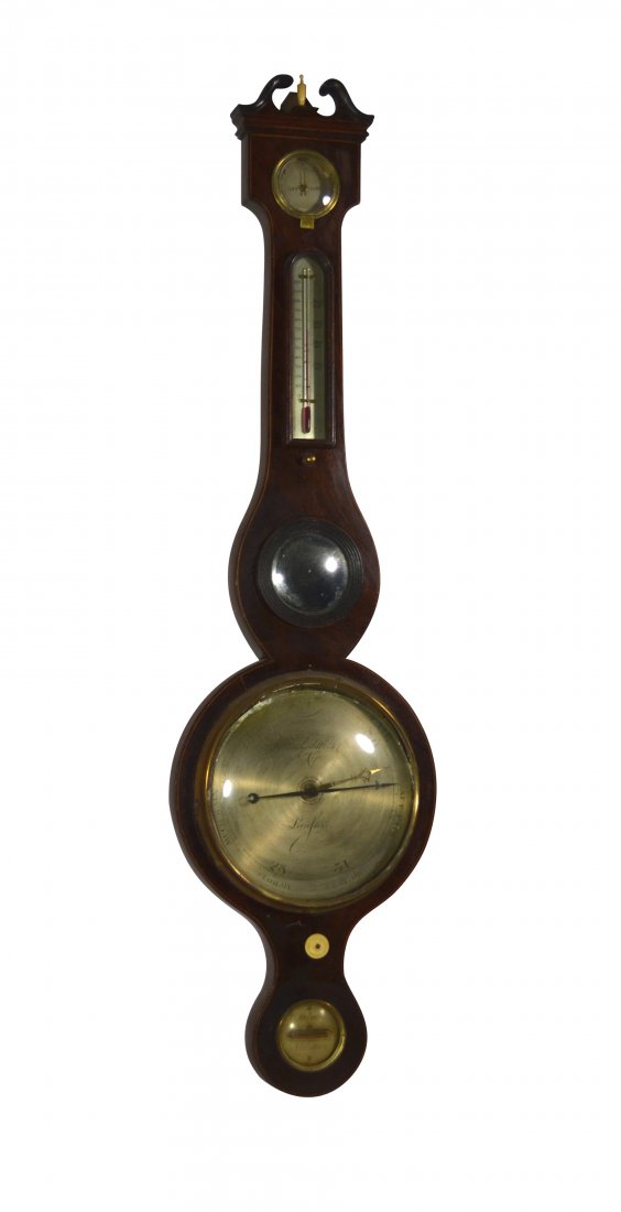 Barometer, Banjo, Bernaschoni, Circa 1850: Barometer, Banjo, Bernaschoni, Circa 1850 Barometer. Material: Rosewood veneer, pine secondary wood. Marks: "Bernaschoni and Monthi, Leicester" Features: The top has a swan neck pediment centered with