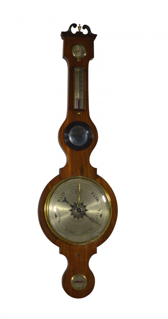 Barometer, Banjo, Walnut, Circa 1850: Barometer, Banjo, Walnut, Circa 1850 Barometer. Material: Walnut veneer, pine secondary wood. Marks: None. Features: The top has a swan neck pediment centered with brass finial. Centered is a mirror w