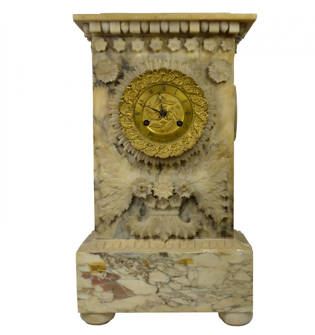 Clock, Carved Marble, C. 1880: Clock, Carved Marble, C. 1880 Shelf clock. Material: Marble & Alabaster Construction: Carved. Period: Circa 1880. Features: Mantel clock with marble panels and alabaster trimmings, the round side pane