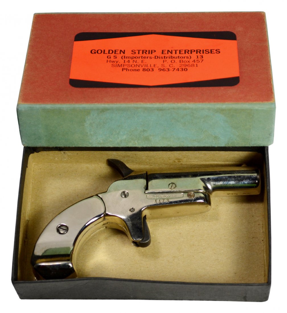 Pistol, G.P.C model 10: Pistol, G.P.C model 10 single shot pocket pistol Type: Pistol Maker: G.P.C. Model: Model 10 Age: C 20th Century Caliber: 22 LR Serial: 1173 Description: Single shot nickel plated 22 LR pistol. Provena