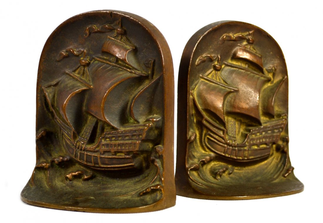 Bookends, Bronze, c. 1925, Snead & Co: Bookends, Bronze, c. 1925, Snead & Co Bookends Circa 1925 Form: Vessel at full sail on the ocean Material & Finish: Solid bronze, patinated Construction: Solid bronze cast Maker & Markings: Snead & Co
